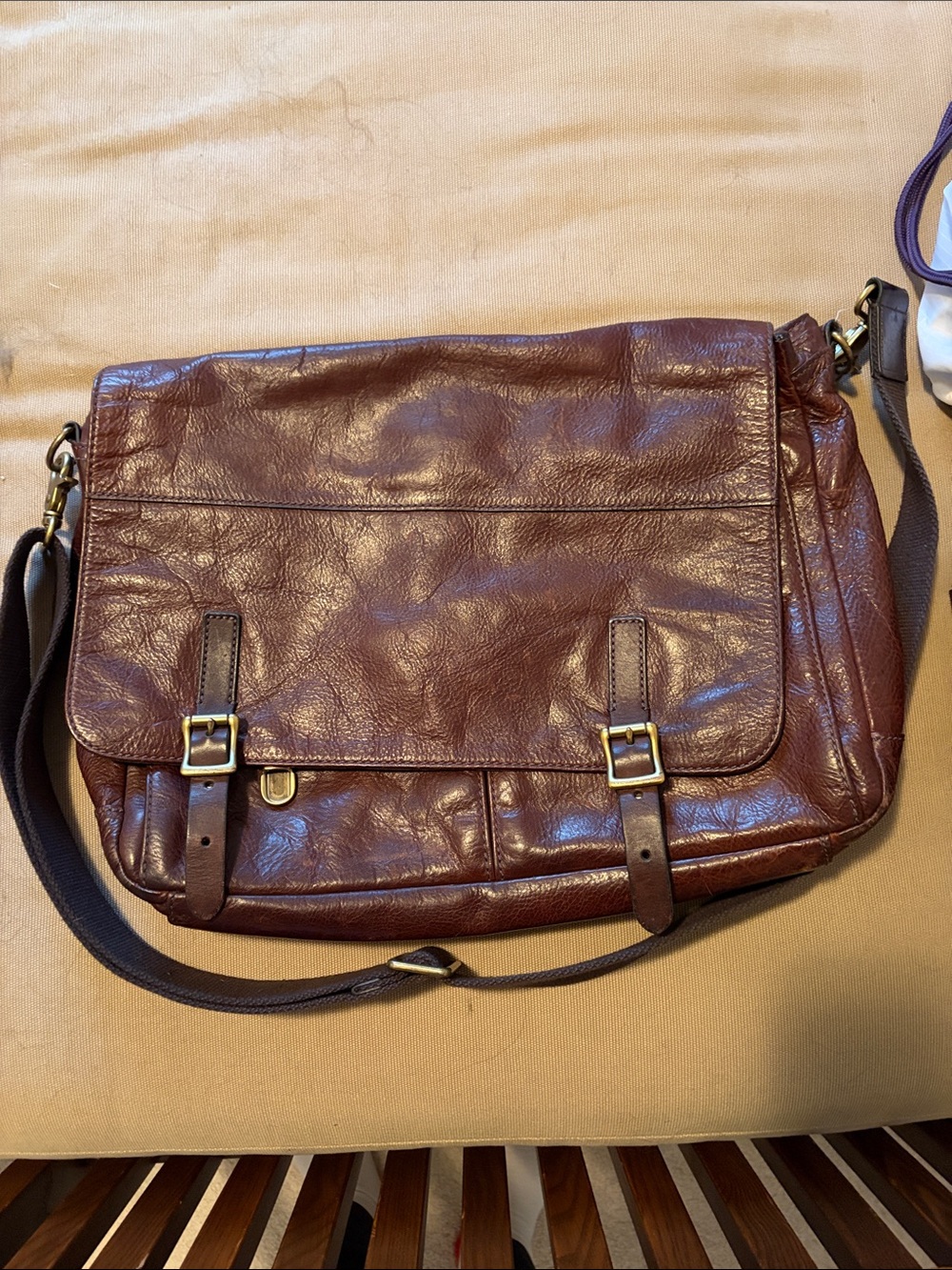 Fossil Dark Brown Leather Messenger Bag with Brass Buckles